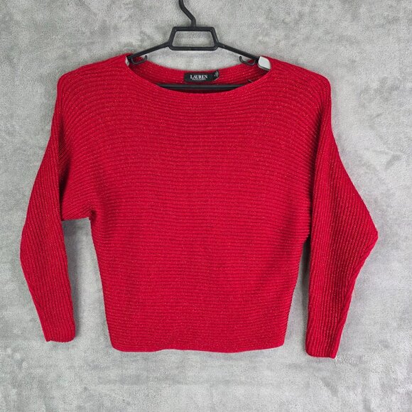 Womens Lauren Ralph Lauren Red Metallic Ribbed Knit Sweater Long Sleeve Size M - Picture 2 of 8